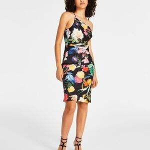 Guess One Shoulder Floral Dress - Black and Multicolor